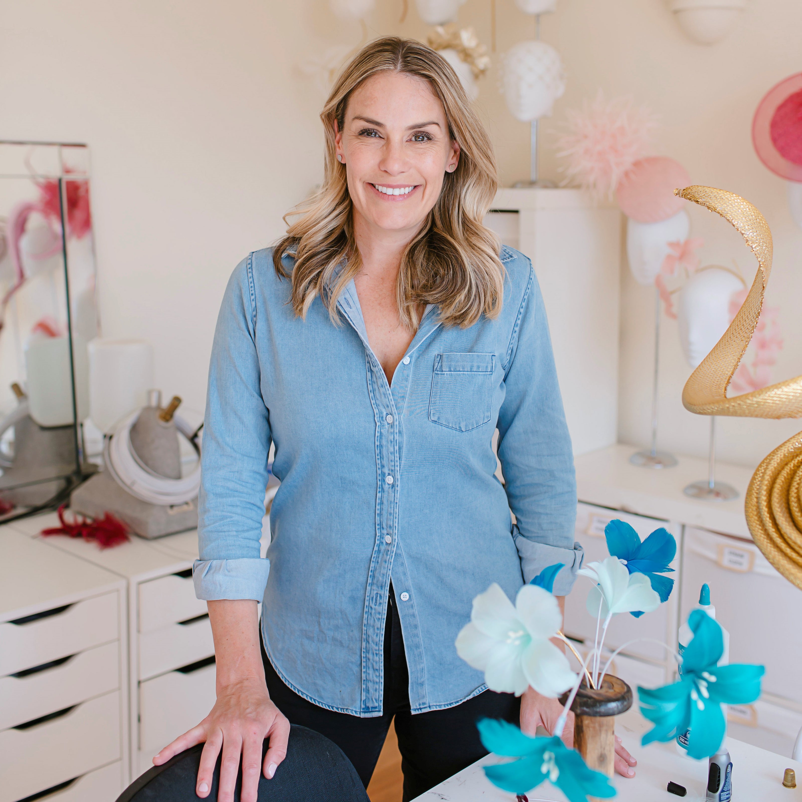 Smiling Milliner Rebeccas Share in her colourful Millinery Studio