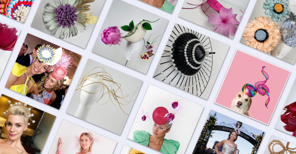 Collage of various hats and headpieces with a focus on decorative and stylish headwear.