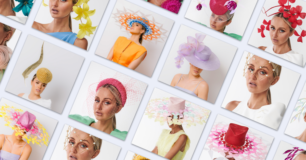 Grid of images showing women wearing colorful hats with a white background