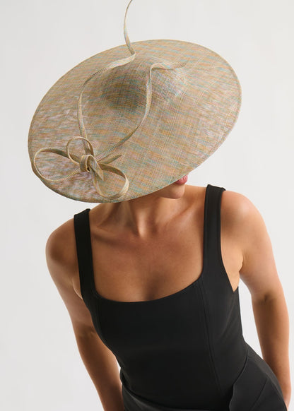 Person wearing a black dress and large decorative hat on a plain background