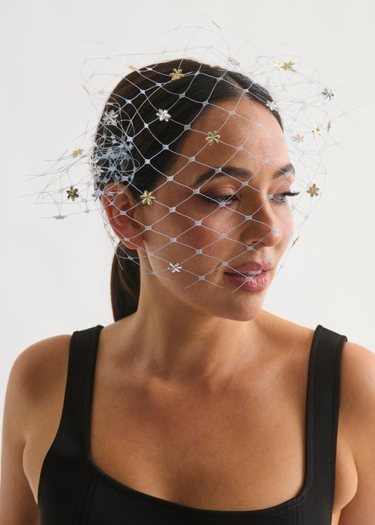 Woman wearing a black dress with a birdcage veil against a white background