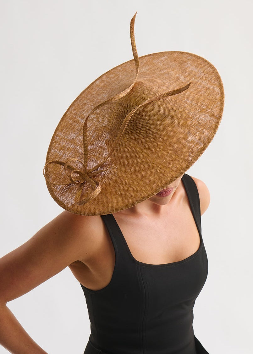 Person wearing a large gold hat with a white background